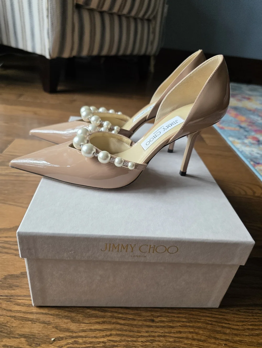 Jimmy Choo Nude Patent Leather Pearl-Embellished Pointed Toe Heels - Picture 3 of 6